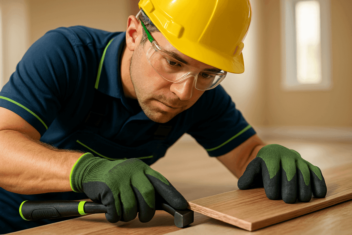 Close-up of flooring installer fitting wood plank wearing gloves, goggles, and helmet